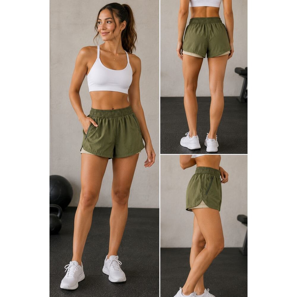 Offline by Aerie Olive Green Lined Running Shorts Women Large Gym Activewear